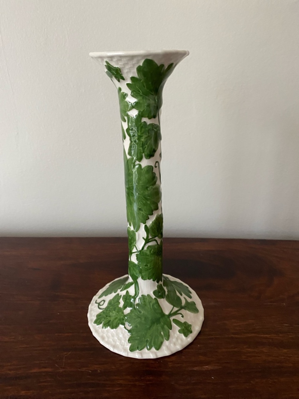 Zrike • Trellis • Handpainted • White Ceramic Candlestick with Green Leaf Motif